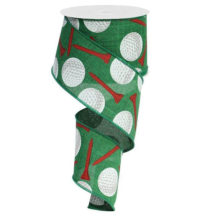 A spool of 2.5 Golf Balls & Tees Green Red White Ribbon (RG0155606) unrolled in a spiral, featuring green polyester ribbon decorated with white golf balls and red golf tees.
