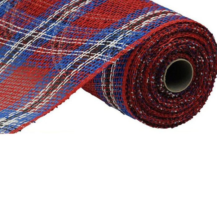 A roll of 10 Plaid Poly Burlap Red Royal Black White Mesh RP8146, partially unrolled, displayed on a white background.