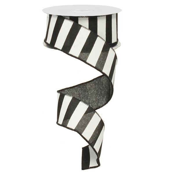 The 1.5 Black White Horizontal Stripe Ribbon RX9148X6 is a synthetic ribbon with bold black and white stripes, partially unrolled in a spiral. A wire edge adds structure, perfect for creative designs.