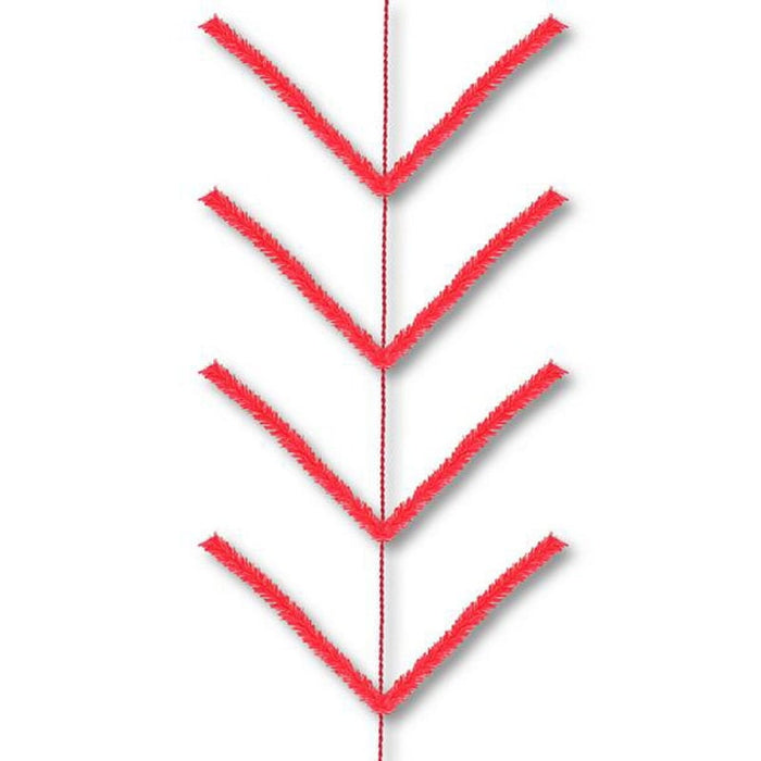 The Red Pencil Garland XX752424 features five red chevron stitches evenly spaced on a vertical red dashed line over a white background, forming a festive, symmetrical embroidery pattern ideal for holiday decorations.