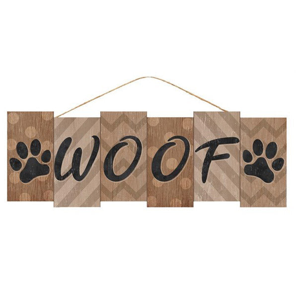 The 14 Wood Block Woof Sign AP7030 features WOOF in bold black letters on separate MDF planks with paw prints at the ends. It hangs by a string, bringing a playful charm to any space.
