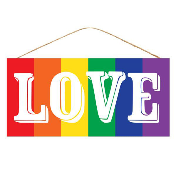 The 12 Rainbow Love Sign AP8373 is a rectangular MDF sign with multicolor stripes and bold white “LOVE” letters, hanging by a string—a vibrant decoration celebrating LGBTQ+ pride.