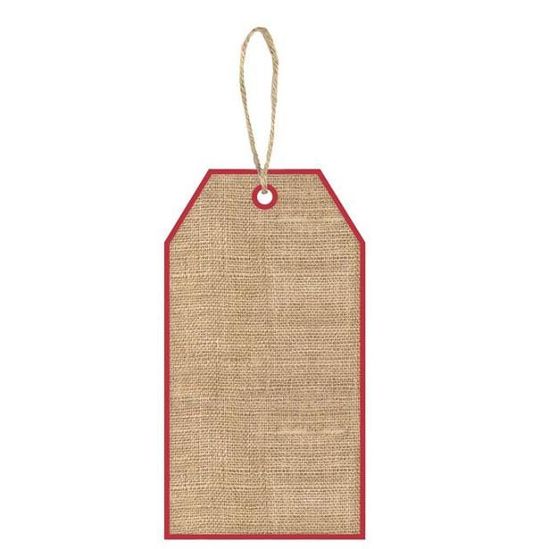 The 12 Tag Shaped Burlap Look Sign AP8706 features a red border, string for hanging, and rustic charm—perfect as a unique MDF decor piece or versatile tag sign.