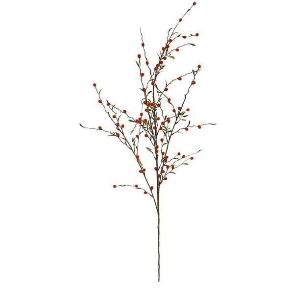The Fuzzy Berry Leaf Spray EC404630 features a single tall decorative spray with thin branches, small green leaves, and scattered round brick-colored berries against a white background.