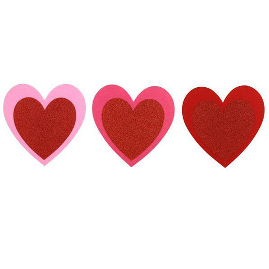 A trio of hearts features a pink heart with a red center, a glittery light pink heart with a red center, and a darker red foam felt design, all against white. Product: 10 Red Pink Foam Felt Glitter Heart Set of 3 HV911299.