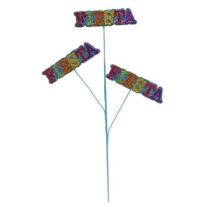 The 25 Glitter Fiesta Spray MN0036 features three branches topped with colorful, glittery FIESTA signs in vibrant red, purple, blue, and orange on a white background, adding sparkle and charm to your celebration.