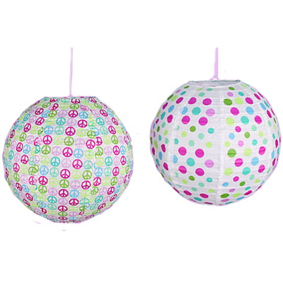 Round Paper Lantern Peace Symbol and Polka Dots Set of 2 P4896