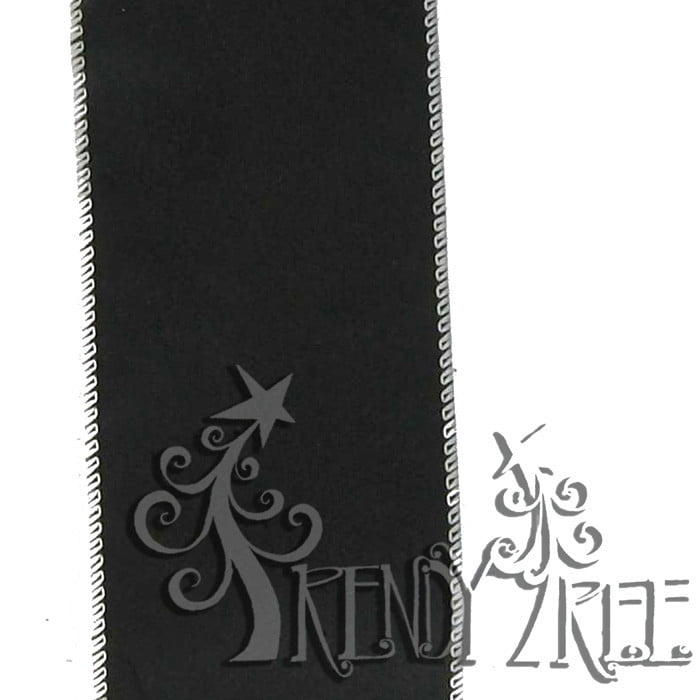 The 2.5 Erasable Chalkboard Ribbon in black, with a decorative white stitched border and stylized tree-like elements, offers the text TRENDY TREE, adding charm and versatility to any craft project.