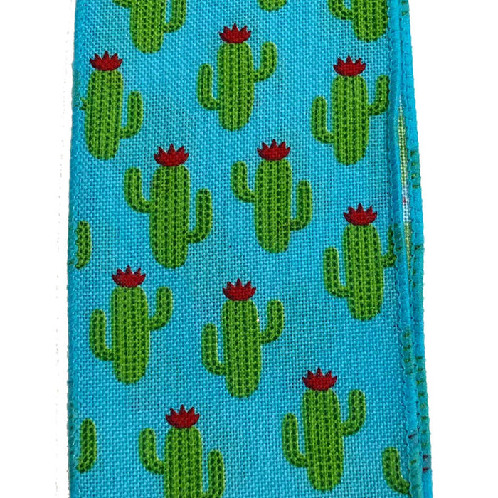 The 2.5 Aqua Linen Green Cactus Print Ribbon Q918640-39 showcases green cacti with red flowers on a bright blue background.