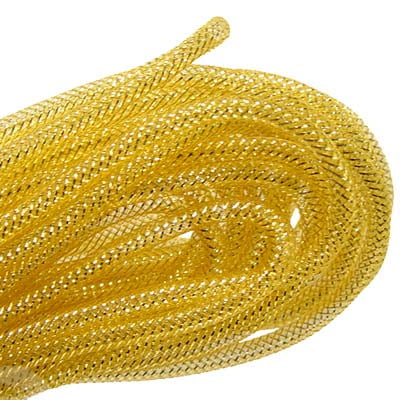 A close-up of the Gold with Gold Foil Deco Flex Mesh Tubular Ribbon RE300445, highlighting its shiny, braided design and eye-catching metallic look.