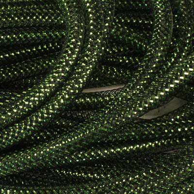 Close-up of Deco Flex Tubing Antique Lime Green Metallic Foil, showing coiled, braided mesh with a shiny, reflective finish. The tubing’s woven pattern creates a detailed, textured surface.