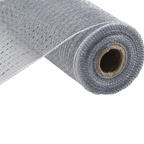 A roll of the 10" Silver Wide Foil Deco Poly Mesh RE136626, displaying its silvery gray finish, is partially unrolled and resting on a pristine white surface.