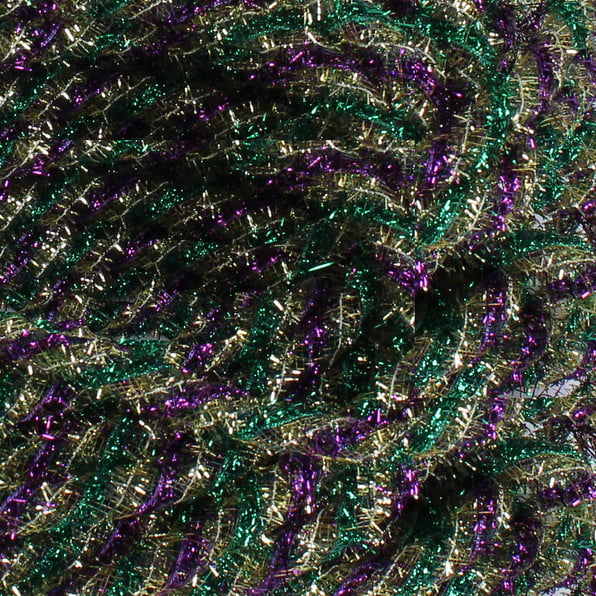 Close-up of Gold Purple Emerald Tinsel Flex Tubing Mardi Gras RE3543J4, showing overlapping coils in festive green, gold, and purple metallic colors for a vibrant textured look.