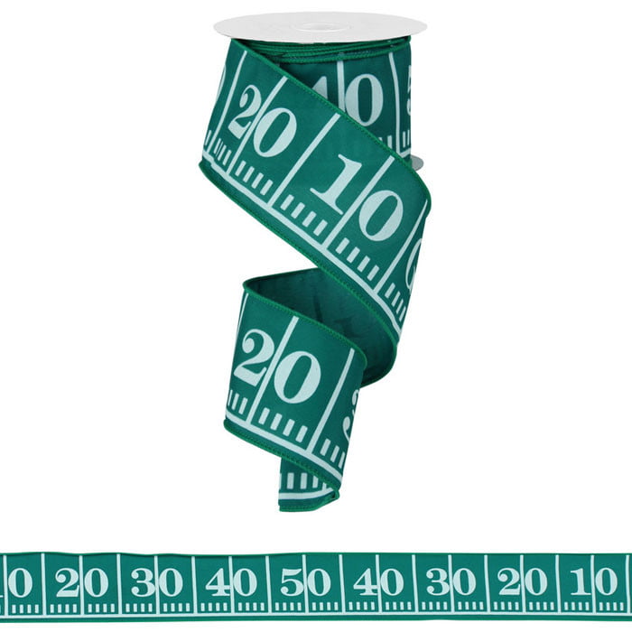 The 2.5 Football Field Ribbon RG1413 features a wired spiral of green ribbon with white numeric markings from 0 to 50 in increments of 10, resembling measuring tape, perfect for adding a playful touch to your decor or craft projects.