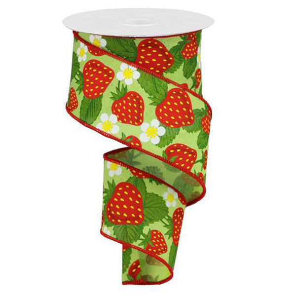 The 2.5 Strawberries on Bright Green Ribbon (RGA118409) features a durable polyester composition with red strawberries, yellow seeds, green leaves, and white flowers on a light green background. A wire edge provides structure as the ribbon is partially wound with a loose end hanging down.