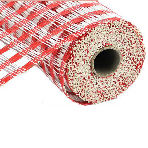 The 10 Red White Poly Burlap Check Mesh RP812334 is a lightweight, textured fabric roll with a red and white checkered pattern. Made from durable polypropylene, it features a hollow center, partially unrolled to the left.