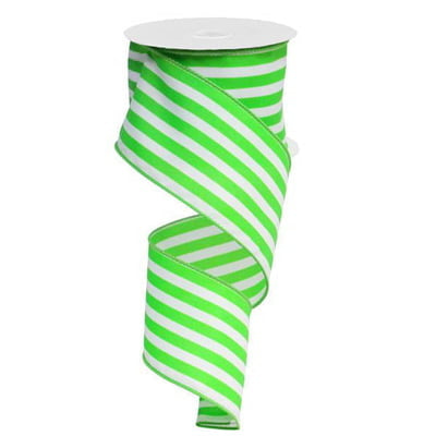 The 2.5 Apple Green White Vertical Stripe Ribbon RX9136H5 features a spiral of apple green and white stripes, adding dynamic flair. Made from shiny polyester, the spool has a crisp white top.