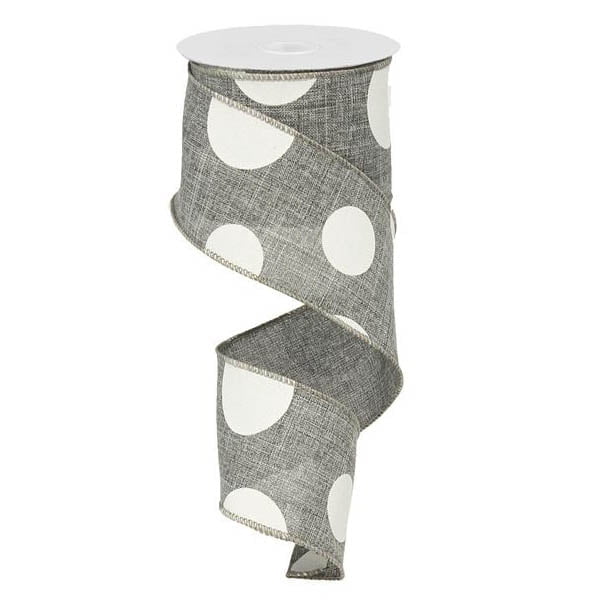 A curled, 2.5 spool of gray polyester ribbon with large white polka dots and wire edges is featured in the product 2.5\ Large Multi Dot Grey White Ribbon RX9143R7.