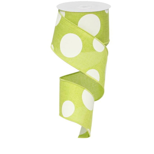 A 2.5 Large Multi Dot Lime Green White Ribbon RX9143WW, made of polyester with wire edges for structure, hangs spirally unwound against a plain white background.