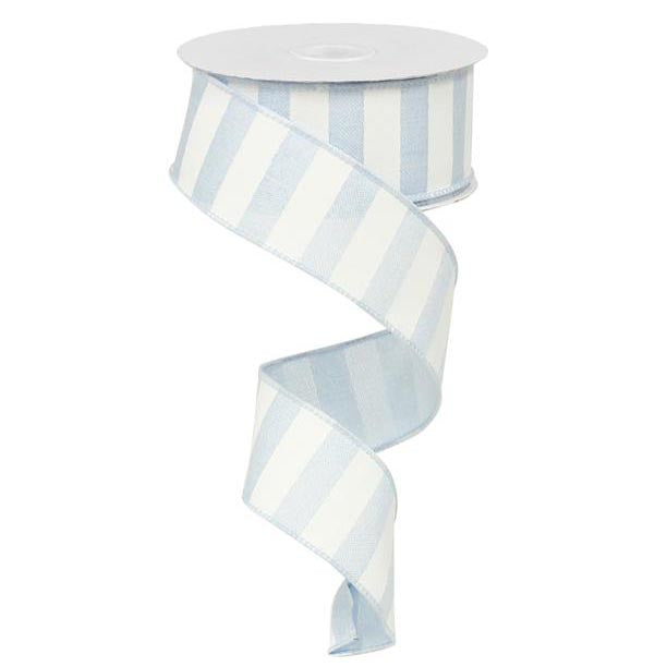 A partially unwound 1.5 Light Blue White Horizontal Stripe Ribbon RX914875 forms a gentle curl against a pristine white background.