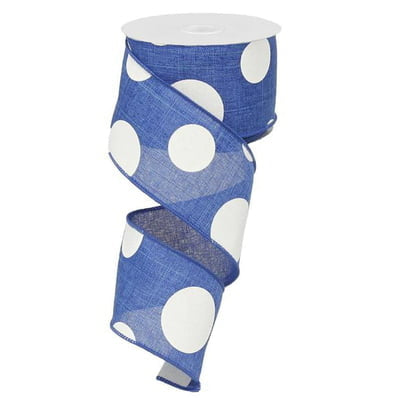 A partially unwound 2.5 Royal Blue White Polka Dot Ribbon with synthetic wire edges and large white dots spirals downward from the 50 Yd Roll RX9543WR.