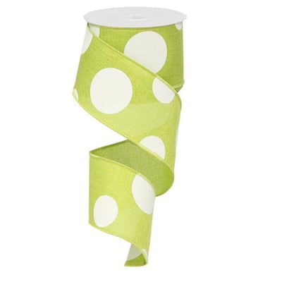 The 2.5 Lime Green White Polka Dot Ribbon 50 Yd Roll RX9543WW unrolled slightly in a spiral, showcasing its large white spots.