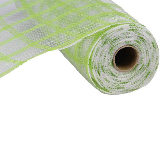 A close-up of the 10.5 Fresh Green Faux Jute Check Mesh RY8306F2, a durable polypropylene material with green and white checks, shown rolled up against a white background.