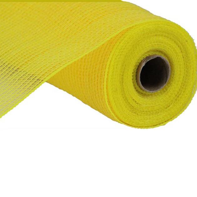 Partially unrolled on a white background, the 10.5 Yellow Faux Jute Stripe Weave Mesh (RY831229) is tightly woven and crafted from polypropylene, giving it a lightweight and flexible appearance.