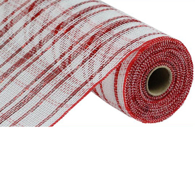 The 10.5 White Red Cotton Foil Check Mesh RY841549 is a partially unrolled roll featuring red and white stripes, made from durable polypropylene over a length of 10 yards.