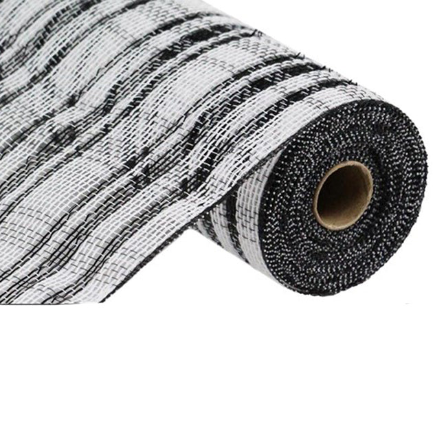 A partially unrolled roll of 10.5 White Black Cotton Foil Check Mesh RY841562 with wavy striped patterns reveals the textured black and white fabric, measuring 10 yards long, tightly wound around a visible cylindrical cardboard core.