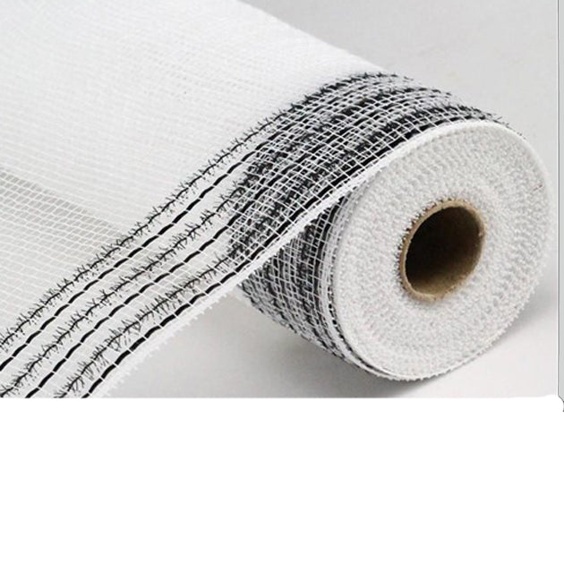 A 10.5 roll of White Black Tinsel Foil Wide Border Deco Mesh RY8505F6, showing the inner cardboard tube, is set diagonally on a plain background, with black grid lines along the edge.
