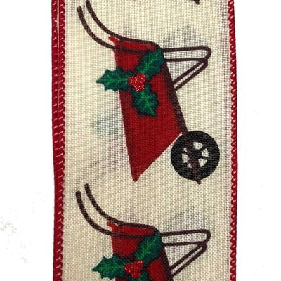 The 2.5 Ivory Linen Red Wheelbarrow Holly Leaves Ribbon (X824140-01) features red wheelbarrows with green holly and red berries on a cream background, decorative red edge, and a synthetic wire for easy shaping.