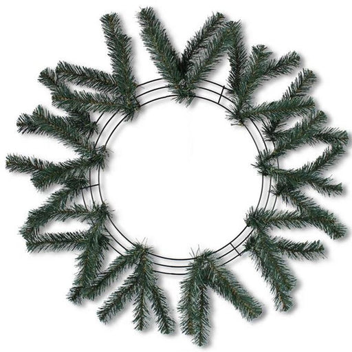 The 24 Work Wreath Evergreen XX748709 features sparse artificial pine branches evenly spaced on a metal frame, shown against a white background—ideal for adding mesh netting or personal touches to your holiday decor.