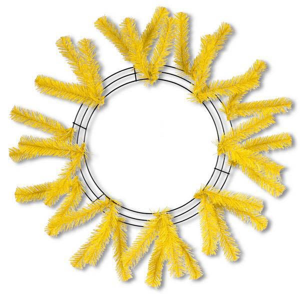 The 24 Work Wreath Yellow XX748829 features black rings adorned with vibrant yellow tinsel sprigs radiating outward like sun rays, creating a festive and decorative holiday piece that brings warmth and cheer to any space.