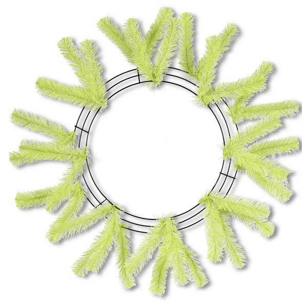 The Work Wreath 24 Lime Green from Holiday Creations features sparse artificial pine branches on a circular metal frame, creating a minimalist design that stands out against a pristine white background.