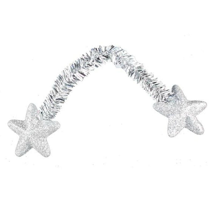The 6" Silver Star Pencil Tie (Bag of 12) features a silver garland with two glittered stars on each end, joined by a sparkly, iridescent tinsel-covered arch.