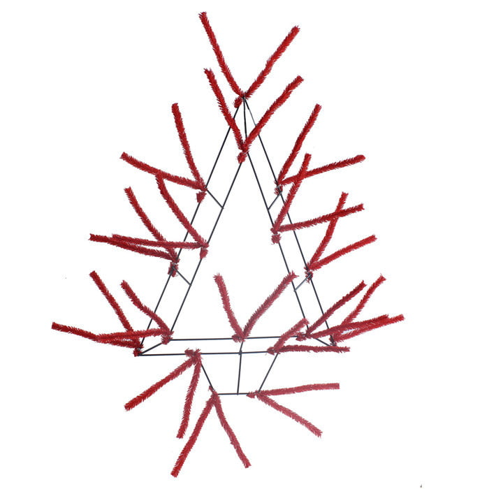 The 20 Pencil Open Wall Tree Red XX765324 features a minimalist black metal teardrop frame with sparse, geometric red tinsel branches for a modern holiday look.