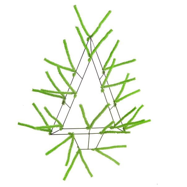 The 20 Lime Green Open Wall Tree XX765337 features green pipe cleaners shaped into a minimalist triangle on a wire frame, resembling a stylized tree. Pencil Twist Ties provide subtle decoration against a clean, white background.