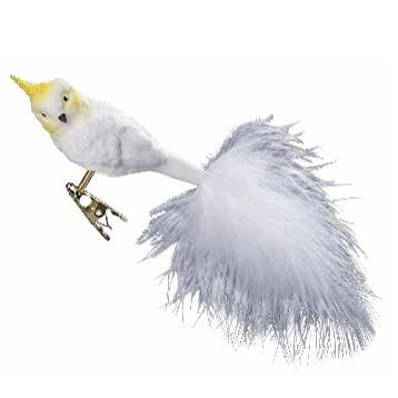 The Cockatoo Chatter Bird Inge-Glas of Germany Christmas Ornament (1-058-11) features a hand-painted white and yellow body, detailed feathers, a fluffy tail, and an attached metal clip for easy display.