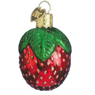 The Sparkling Strawberry Old World Christmas Ornament 28021 features hand-painted glass with a red body, green leafy top, gold cap, and a small gold heart tag.