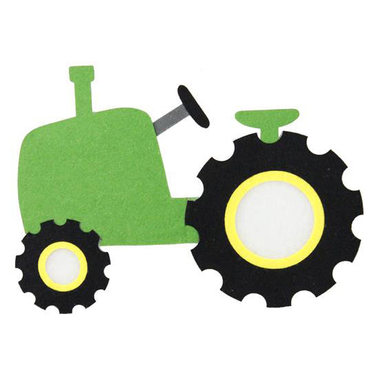 The 12 Green Tractor Felt Sign MS154209 features a simple cartoon-style green, black, and yellow tractor with large wheels, steering wheel, and smokestack on a white background—ideal for signs or felt polycotton fabric designs.