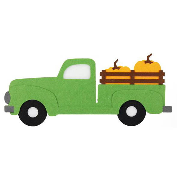 The 15 Green Truck with Pumpkins Felt Sign (MS154409) features a simple, flat illustration of a green truck carrying pumpkins in a wooden crate—perfect for fall decor or any autumn-inspired project.