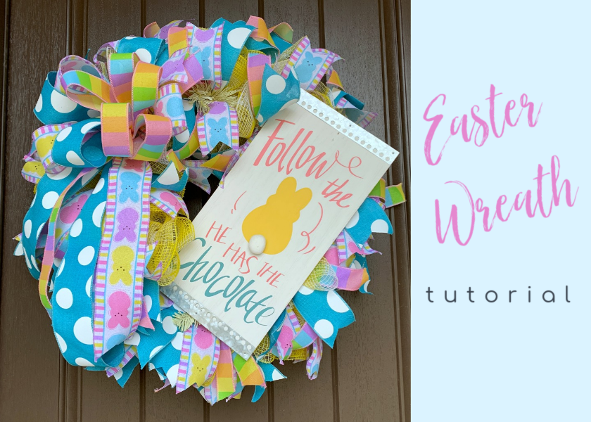 26 Tulle Mesh Easter Wreath with an assortment of ribbon and Easter picks