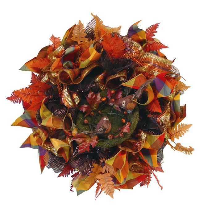 Autumn Ruffle Wreath Tutorial Using Copper Pencil Wreath, Wide Deco Poly Foils, Silk Leaves, Bird Nest