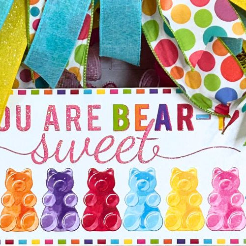 kruffle mesh wreath in non-traditional Valentine colors with cute gummy bear sign