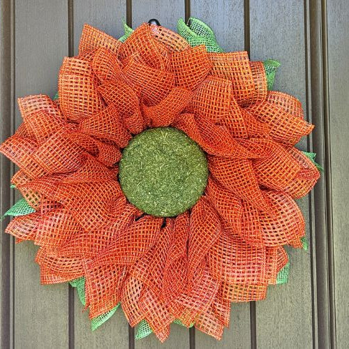 fall flower wreath with new textured mesh and poly burlap on a wire wreath form