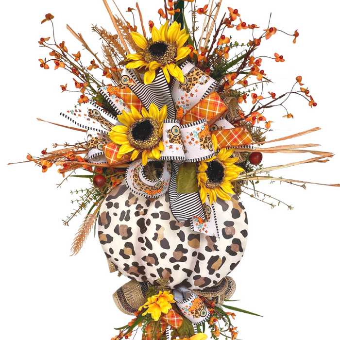 fall sunflower swag with leopard print pumpkin and ribbon