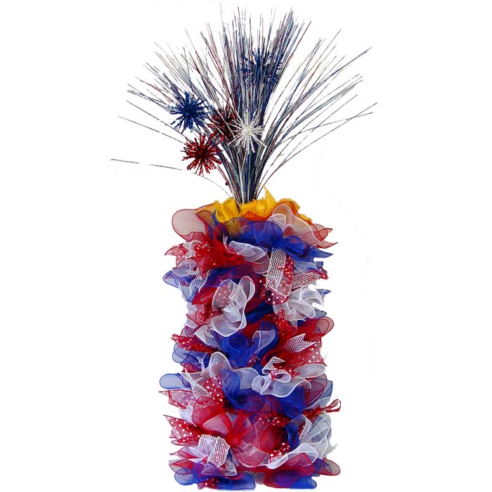 Deco Poly Mesh Firecracker Tutorial Made with new Work Creations Ribbon and Patriotic Sparkle Sprays