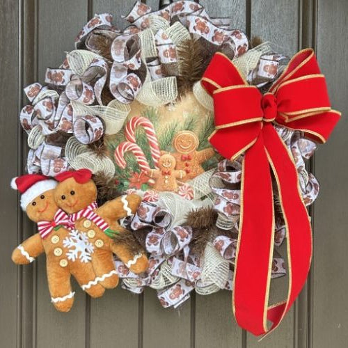 gingerbread mesh wreath using mesh, plush gingerbread and exclusive Trendy Tree sign