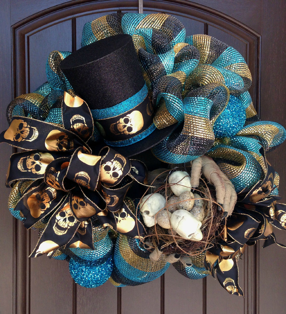 Halloween Wreath with Mummy Hands, Skull Nest & Top Hat